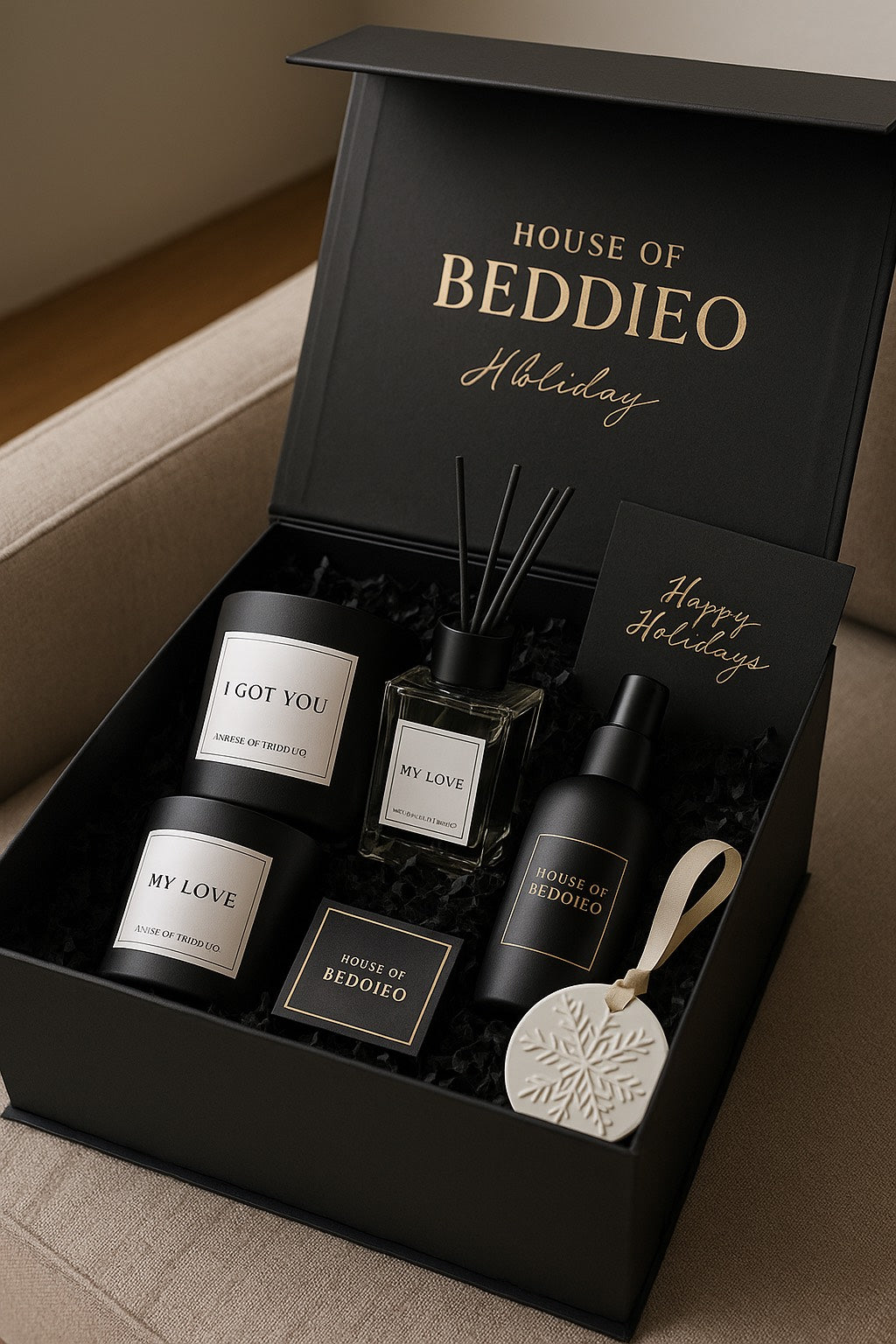 House of Beddieo holiday gift set with various items in a black box.