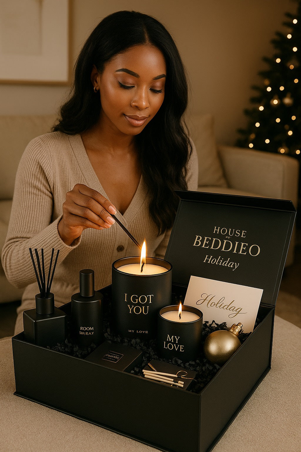 Woman lighting a candle in a 'House Beddieo' holiday gift set with Christmas tree in the background.