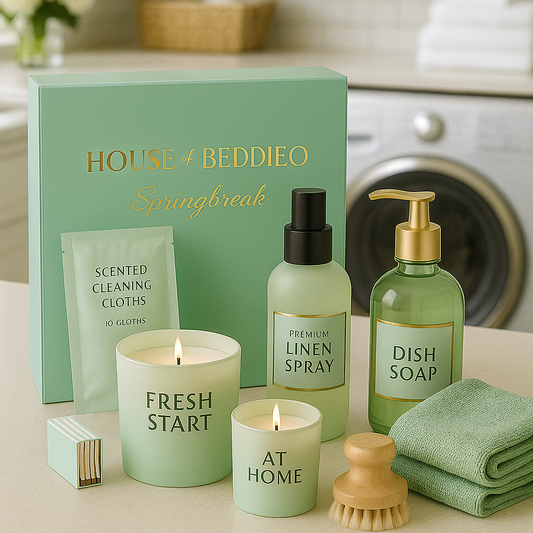 House of Beddieio cleaning products including a candle, spray, soap, and cleaning cloths on a kitchen counter.