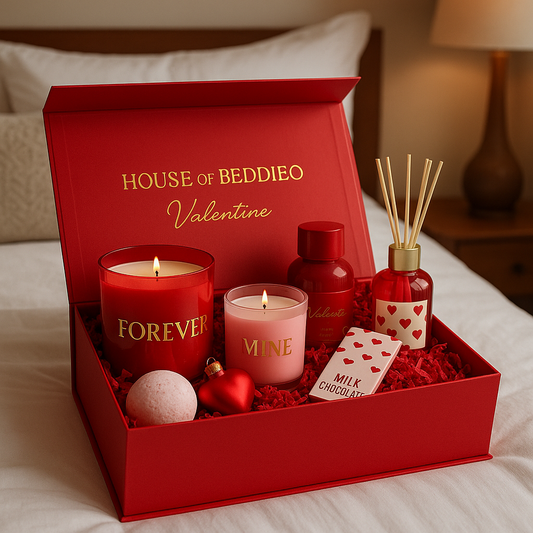 HOUSE OF BEDDIEO Valentine Luxury Gift Box with red magnetic box, FOREVER candle, MINE candle, diffuser, bath bomb, chocolate, and luxury accessories.